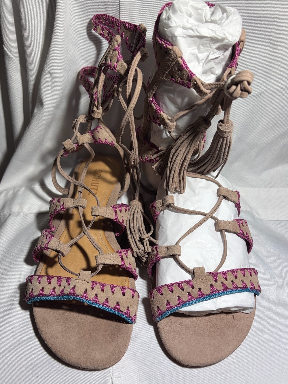SCHUTZ Taupe Suede Lace-Up Gladiator Sandals with Pink and Teal Accents